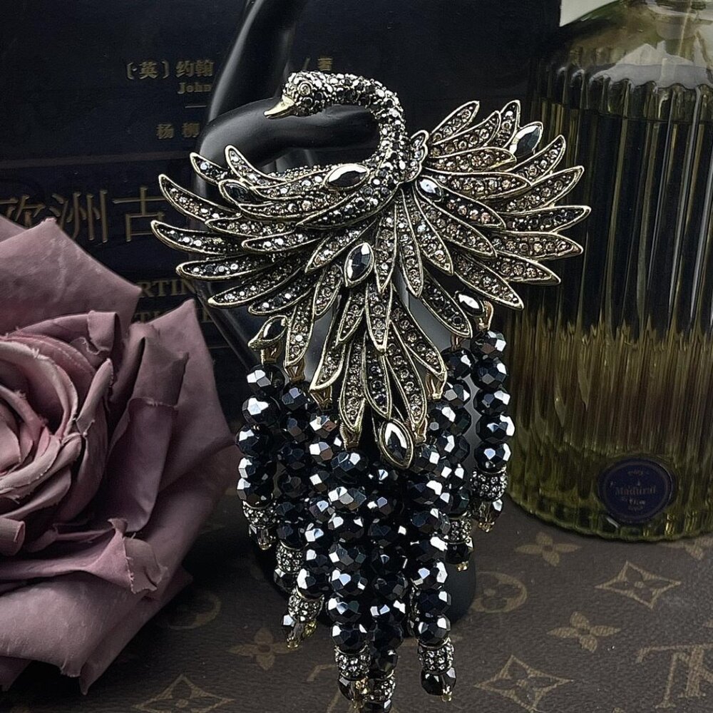 AMAZING BLACK SWAN RHINESTONE MARCASITE W/ CRYSTAL DANGLES BROOCH 45